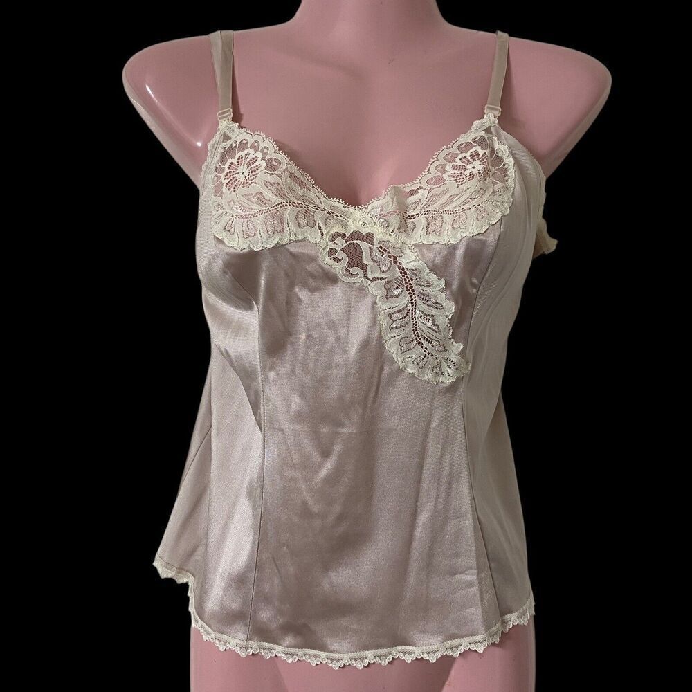 Vintage Camisole Top Women's Size 34 Beige Ivory Floral Lace Trim Made in USA
